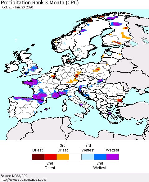 Europe Precipitation Rank 3-Month (CPC) Thematic Map For 10/21/2019 - 1/20/2020