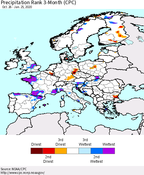 Europe Precipitation Rank 3-Month (CPC) Thematic Map For 10/26/2019 - 1/25/2020