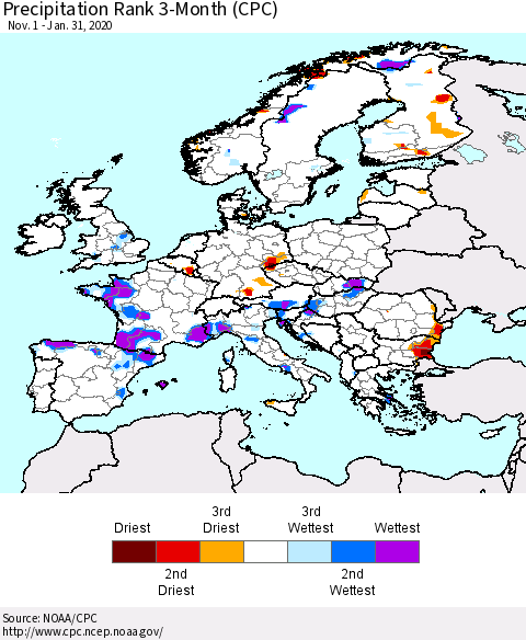 Europe Precipitation Rank 3-Month (CPC) Thematic Map For 11/1/2019 - 1/31/2020