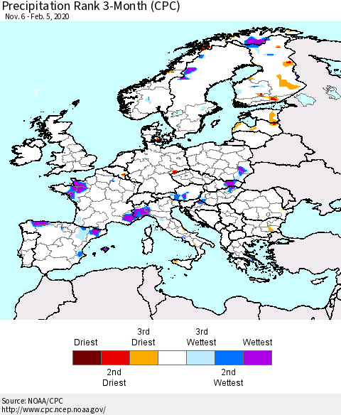 Europe Precipitation Rank since 1981, 3-Month (CPC) Thematic Map For 11/6/2019 - 2/5/2020