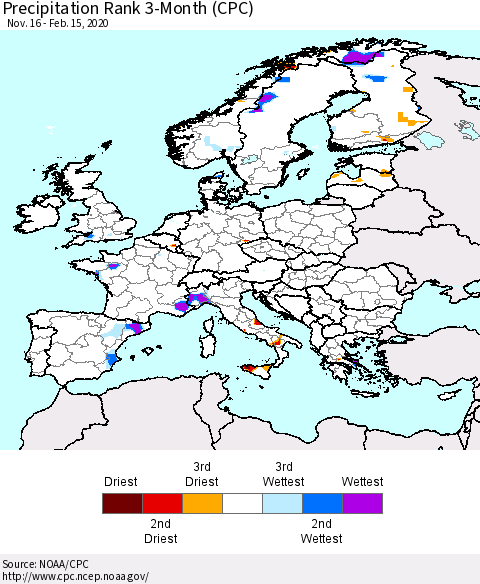 Europe Precipitation Rank 3-Month (CPC) Thematic Map For 11/16/2019 - 2/15/2020