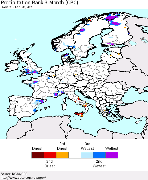 Europe Precipitation Rank since 1981, 3-Month (CPC) Thematic Map For 11/21/2019 - 2/20/2020
