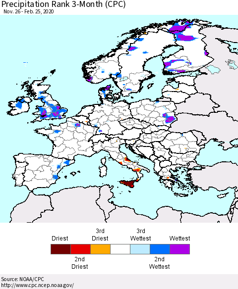 Europe Precipitation Rank 3-Month (CPC) Thematic Map For 11/26/2019 - 2/25/2020