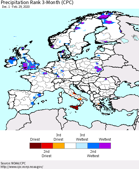 Europe Precipitation Rank 3-Month (CPC) Thematic Map For 12/1/2019 - 2/29/2020