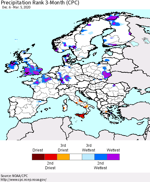 Europe Precipitation Rank since 1981, 3-Month (CPC) Thematic Map For 12/6/2019 - 3/5/2020