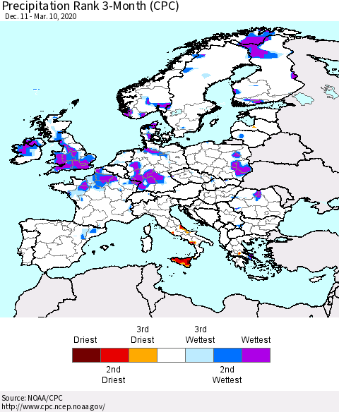 Europe Precipitation Rank since 1981, 3-Month (CPC) Thematic Map For 12/11/2019 - 3/10/2020
