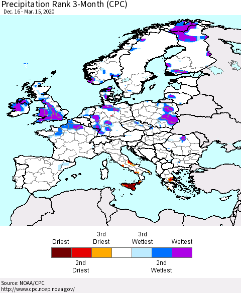 Europe Precipitation Rank 3-Month (CPC) Thematic Map For 12/16/2019 - 3/15/2020