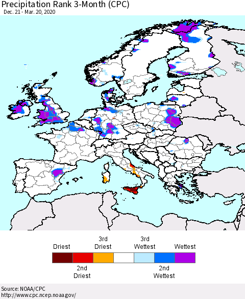 Europe Precipitation Rank 3-Month (CPC) Thematic Map For 12/21/2019 - 3/20/2020