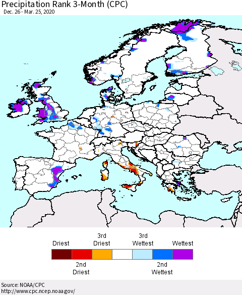 Europe Precipitation Rank since 1981, 3-Month (CPC) Thematic Map For 12/26/2019 - 3/25/2020