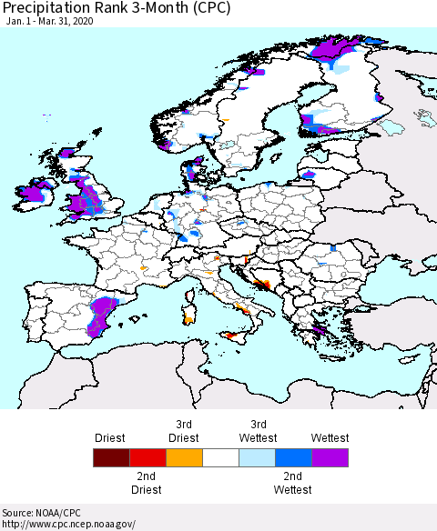 Europe Precipitation Rank 3-Month (CPC) Thematic Map For 1/1/2020 - 3/31/2020