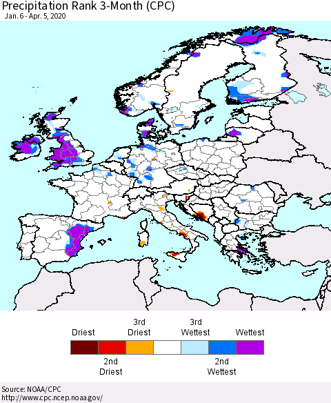 Europe Precipitation Rank 3-Month (CPC) Thematic Map For 1/6/2020 - 4/5/2020