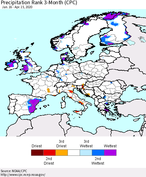Europe Precipitation Rank 3-Month (CPC) Thematic Map For 1/16/2020 - 4/15/2020