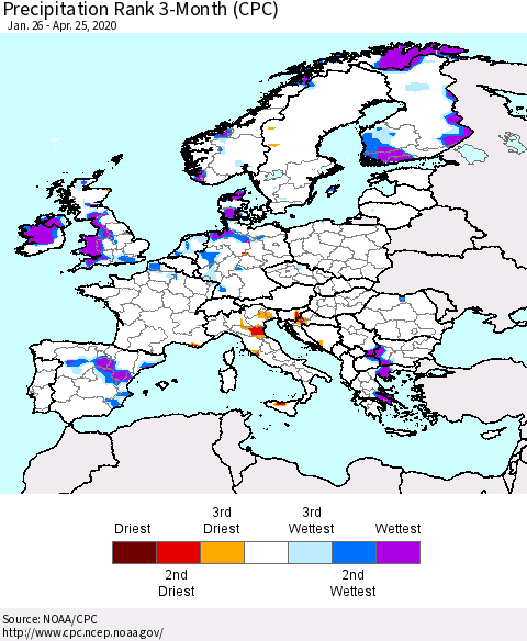 Europe Precipitation Rank since 1981, 3-Month (CPC) Thematic Map For 1/26/2020 - 4/25/2020