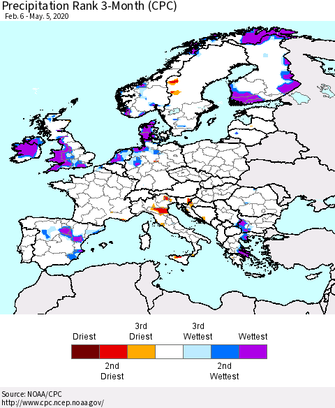 Europe Precipitation Rank 3-Month (CPC) Thematic Map For 2/6/2020 - 5/5/2020