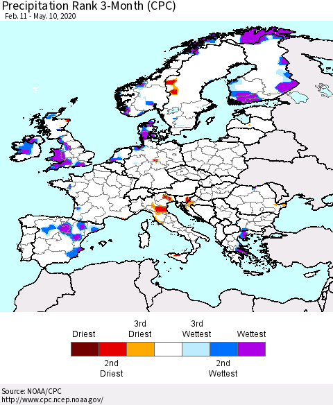 Europe Precipitation Rank since 1981, 3-Month (CPC) Thematic Map For 2/11/2020 - 5/10/2020