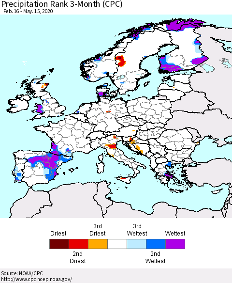 Europe Precipitation Rank since 1981, 3-Month (CPC) Thematic Map For 2/16/2020 - 5/15/2020