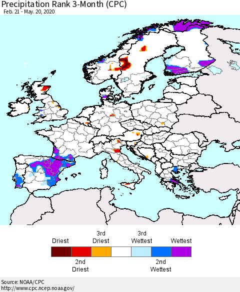 Europe Precipitation Rank since 1981, 3-Month (CPC) Thematic Map For 2/21/2020 - 5/20/2020