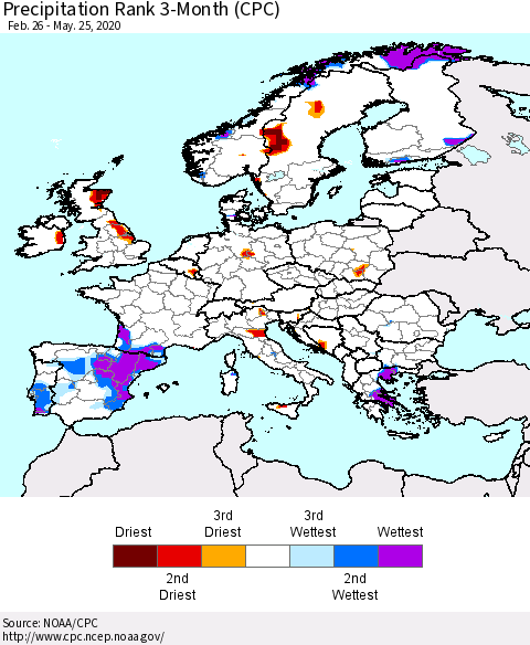 Europe Precipitation Rank 3-Month (CPC) Thematic Map For 2/26/2020 - 5/25/2020