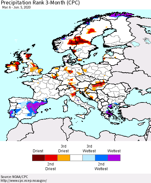 Europe Precipitation Rank since 1981, 3-Month (CPC) Thematic Map For 3/6/2020 - 6/5/2020