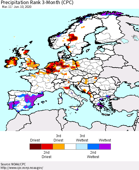Europe Precipitation Rank 3-Month (CPC) Thematic Map For 3/11/2020 - 6/10/2020
