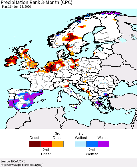 Europe Precipitation Rank 3-Month (CPC) Thematic Map For 3/16/2020 - 6/15/2020