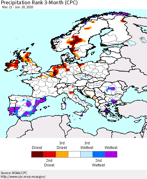 Europe Precipitation Rank 3-Month (CPC) Thematic Map For 3/21/2020 - 6/20/2020