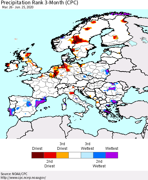 Europe Precipitation Rank since 1981, 3-Month (CPC) Thematic Map For 3/26/2020 - 6/25/2020