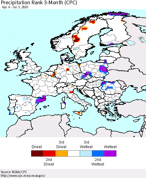 Europe Precipitation Rank since 1981, 3-Month (CPC) Thematic Map For 4/6/2020 - 7/5/2020