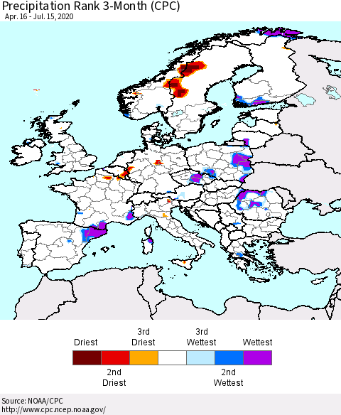Europe Precipitation Rank 3-Month (CPC) Thematic Map For 4/16/2020 - 7/15/2020