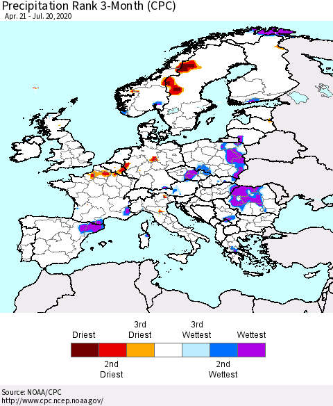 Europe Precipitation Rank since 1981, 3-Month (CPC) Thematic Map For 4/21/2020 - 7/20/2020