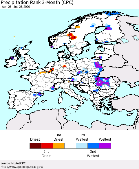 Europe Precipitation Rank 3-Month (CPC) Thematic Map For 4/26/2020 - 7/25/2020