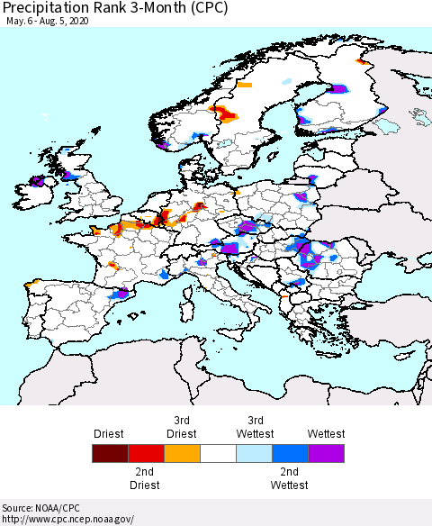 Europe Precipitation Rank 3-Month (CPC) Thematic Map For 5/6/2020 - 8/5/2020