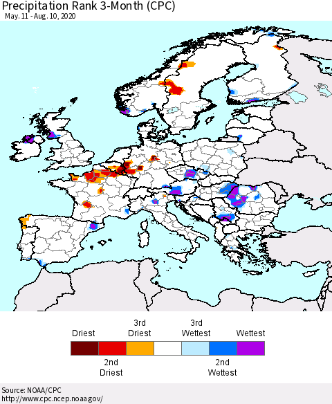 Europe Precipitation Rank 3-Month (CPC) Thematic Map For 5/11/2020 - 8/10/2020