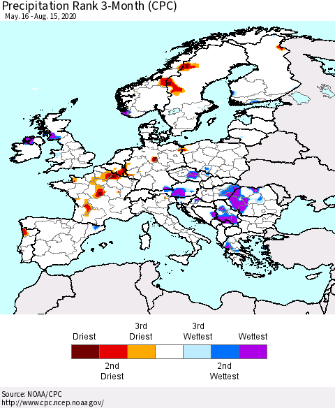 Europe Precipitation Rank since 1981, 3-Month (CPC) Thematic Map For 5/16/2020 - 8/15/2020