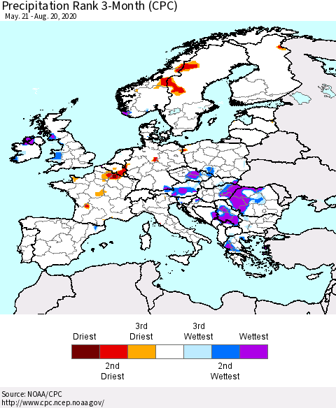 Europe Precipitation Rank 3-Month (CPC) Thematic Map For 5/21/2020 - 8/20/2020