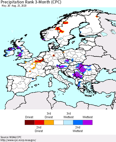 Europe Precipitation Rank since 1981, 3-Month (CPC) Thematic Map For 5/26/2020 - 8/25/2020