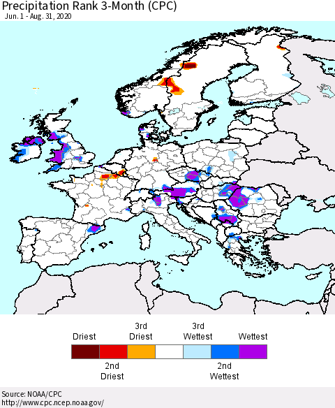 Europe Precipitation Rank 3-Month (CPC) Thematic Map For 6/1/2020 - 8/31/2020
