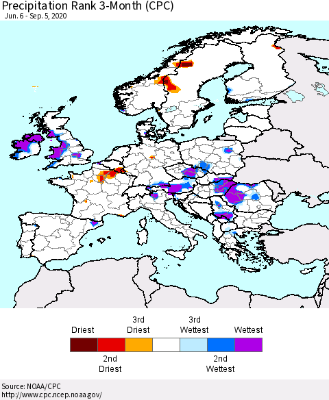 Europe Precipitation Rank 3-Month (CPC) Thematic Map For 6/6/2020 - 9/5/2020