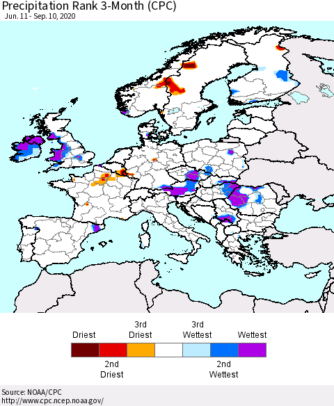 Europe Precipitation Rank 3-Month (CPC) Thematic Map For 6/11/2020 - 9/10/2020
