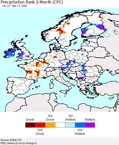 Europe Precipitation Rank 3-Month (CPC) Thematic Map For 6/16/2020 - 9/15/2020