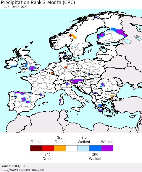 Europe Precipitation Rank since 1981, 3-Month (CPC) Thematic Map For 7/6/2020 - 10/5/2020
