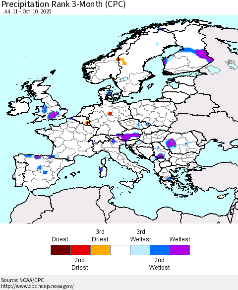 Europe Precipitation Rank 3-Month (CPC) Thematic Map For 7/11/2020 - 10/10/2020