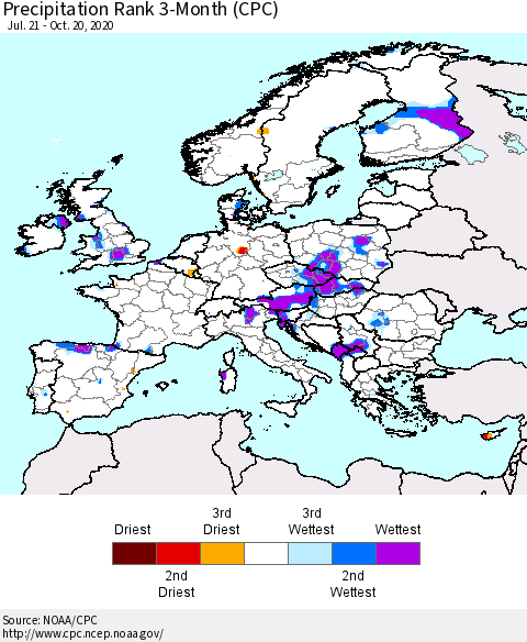 Europe Precipitation Rank 3-Month (CPC) Thematic Map For 7/21/2020 - 10/20/2020