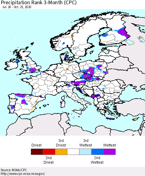 Europe Precipitation Rank 3-Month (CPC) Thematic Map For 7/26/2020 - 10/25/2020