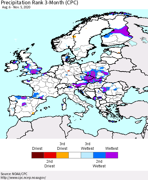 Europe Precipitation Rank since 1981, 3-Month (CPC) Thematic Map For 8/6/2020 - 11/5/2020