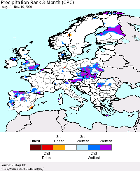 Europe Precipitation Rank 3-Month (CPC) Thematic Map For 8/11/2020 - 11/10/2020