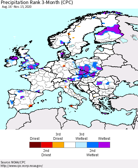 Europe Precipitation Rank since 1981, 3-Month (CPC) Thematic Map For 8/16/2020 - 11/15/2020