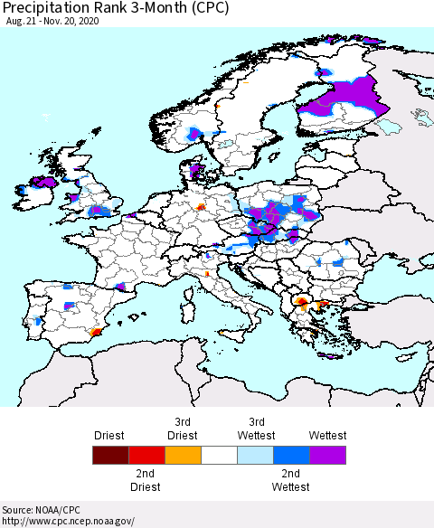 Europe Precipitation Rank 3-Month (CPC) Thematic Map For 8/21/2020 - 11/20/2020