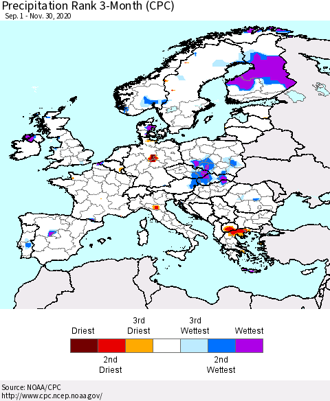 Europe Precipitation Rank 3-Month (CPC) Thematic Map For 9/1/2020 - 11/30/2020