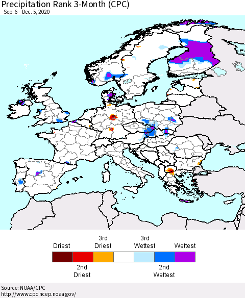 Europe Precipitation Rank 3-Month (CPC) Thematic Map For 9/6/2020 - 12/5/2020